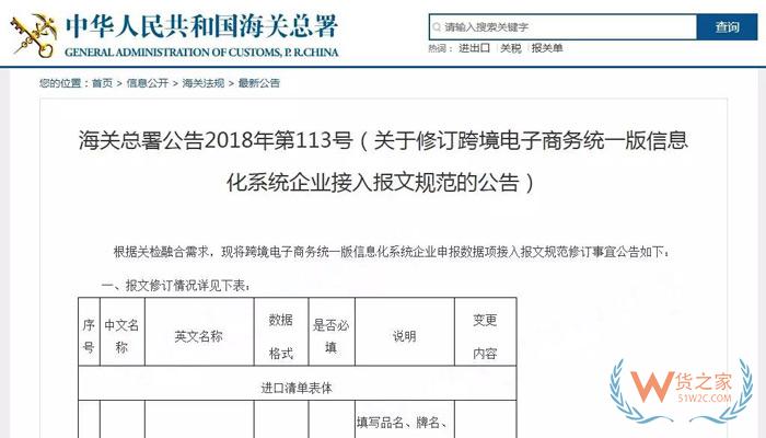 海关总署发布关于修订跨境电商统一版信息化系统企业接入报文规范的公告-货之家